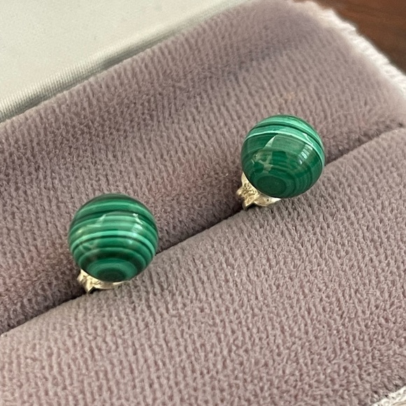 Natural malachite silver tone metal stud earrings